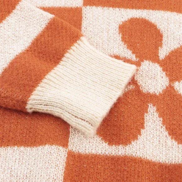 Brown Checkered Floral Print Striped Sleeve Sweater - Picture 7 of 8